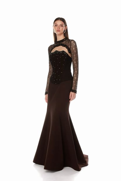 Kahverengi Korse Detaylı Dantel Görünümlü Abiye Elbise